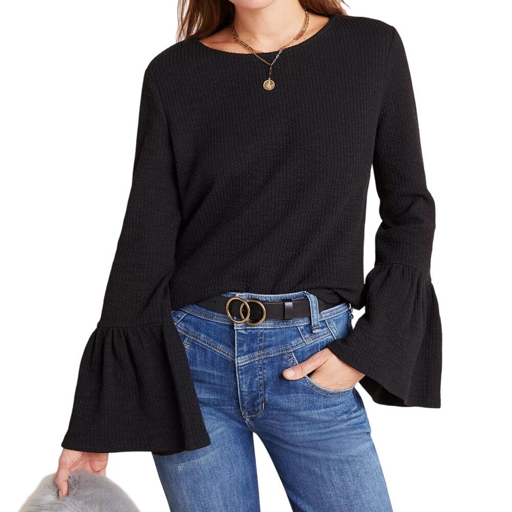 Anthropologie Porridge Joan Bell Sleeved Top Womens M Black Ribbed‎ Boho Chic